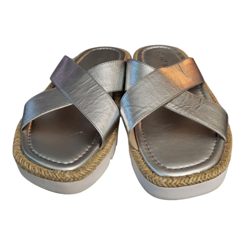 Stuart Weitzman Roza‎ Lift Slide Sandals in Silver 7.8 (Fits As 8.5)